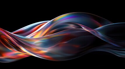 Abstract flowing colorful translucent wave shapes with smooth curves on black background creating a dynamic and futuristic visual effect