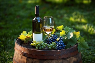 Fototapeta premium Wine bottle and glass of white wine placed on a rustic wooden barrel surrounded by green and purple grape clusters with vine leaves in natural outdoor setting