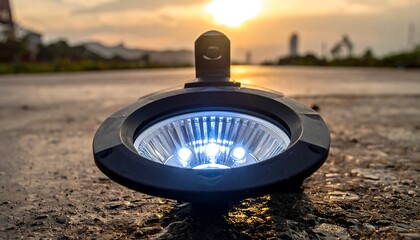 A close-up of a modern spotlight with bright blue LEDs, set against a sunset horizon and urban background