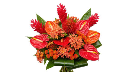 Tropical flower arrangement with anthurium, ginger, and ixora isolated PNG with Transparent Background