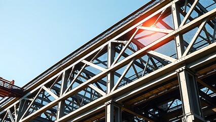 Industrial steel structure with geometric patterns, highlighting construction progress under clear skies.