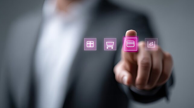 Man In Suit Touching Glowing Purple Icon Display With Finger On Grey Background