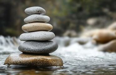 Stack of smooth pebbles balanced on each other on a large rock in shallow flowing water with a blurred natural background evoking calm and balance