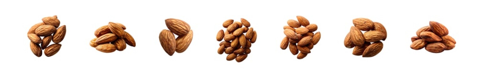 Fototapeta premium Set of various almond nuts in piles isolated on a white background.