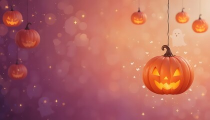Halloween hanging jack o lantern pumpkins and ghosts bokeh background