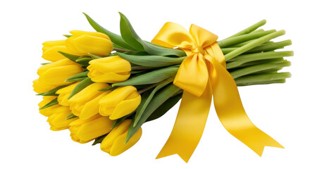 Bouquet of yellow tulips with a yellow ribbon tied in a bow isolated PNG with Transparent Background