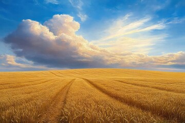 Golden wheat field under a vast blue sky with large white clouds casting soft shadows, evoking a peaceful and expansive rural landscape