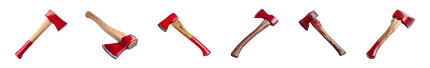 Set of six red chopping axes with wooden handles isolated on white.