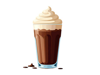 A tall glass of iced mocha coffee topped with whipped cream and scattered coffee beans at the base.