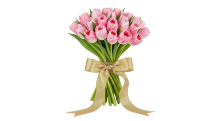 Bouquet of light pink tulips tied with gold ribbon isolated PNG with Transparent Background