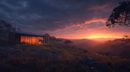 A Modern Sustainable House on a Mountain at Sunset