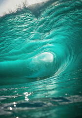 The Turquoise Symphony of the Sea: Capturing the ethereal dance of light and water as a massive wave crests, revealing a mesmerizing display of turquoise hues.