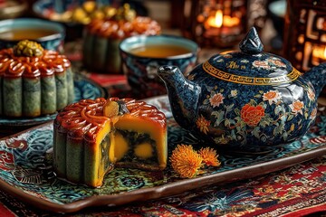Still Life Photography of Golden Mooncakes on Traditional Porcelain Plate with Osmanthus and Teacups, Chinese Screen and Candlelight in Background, Perfect for Mid-Autumn Festival Advertising and Prod
