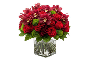 Elegant arrangement of red roses, orchids, and green chrysanthemums in vase isolated PNG with Transparent Background