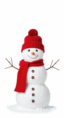 Fototapeta premium Festive Snowman: A cheerful snowman, adorned with a vibrant red scarf and hat, stands as a delightful emblem of winter cheer, crafted in perfect photorealistic detail.