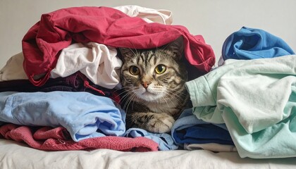 A tabby cat peeking out from a pile of clothes