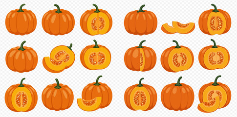A collection of vibrant orange pumpkins in various forms, including whole, halved, and sliced pieces, on a transparent background.