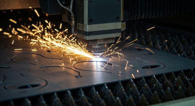 Precision Metal Fabrication: A close-up of a high-tech laser cutter in action, etching intricate designs onto a sheet of metal, as sparks illuminate the scene with dynamic energy.