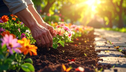 Close-up of hands planting a bright pink flower into rich brown soil along a garden path, bathed in warm, golden sunset light, symbolizing gardening, nature, growth, care, and a healthy lifestyle