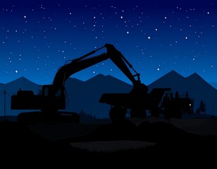 Silhouette of mining equipment at night