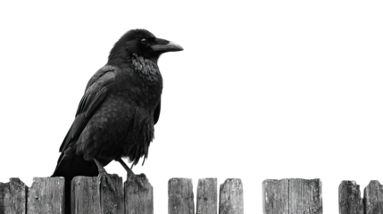 Black Crow Perched on Fence with Detailed Feathers on Transparent Background