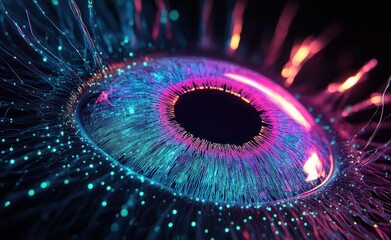 Close-up of a vibrant illuminated eye with glowing blue and purple digital fibers radiating outward creating an intense and futuristic effect