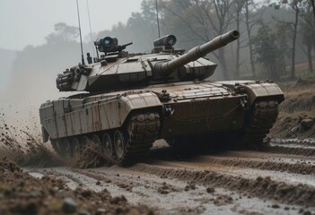 Gritty Realistic Photo of an M1A2 Abrams Driving Through a Muddy Track, Splattering Mud and Showing The Rigors of Travel.