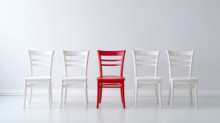 Fototapeta premium Red chair stands out among four white chairs in minimalist modern interior design setting