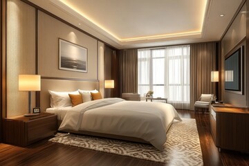Spacious modern bedroom with large bed, soft lighting, warm wooden furniture, patterned rug, and large window letting in natural light