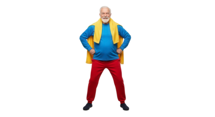 Elderly man with white hair and beard in sportswear smiling isolated on transparent background