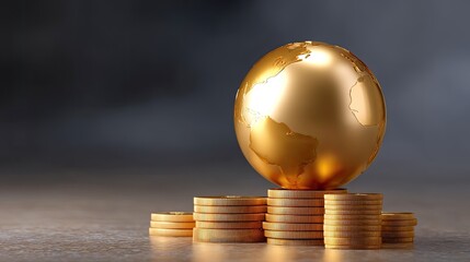 Golden Globe on Stacks of Coins Representing Global Finance and Economic Growth in a Modern Business Setting