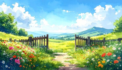 Charming watercolor painting of a scenic rural landscape with an open wooden fence gate leading to a vast green valley and rolling hills under a bright blue sky, surrounded by colorful wildflowers