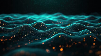Abstract glowing wave-like digital mesh landscape with interconnected lines and scattered orange particles representing data flow or network connectivity