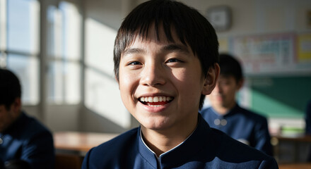 Obraz premium Happy Boy in Classroom: A cheerful schoolboy exudes happiness in a classroom, his joyful smile radiating positivity and optimism, perfect for themes of education and youth.