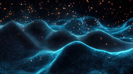 Abstract digital landscape of flowing blue waveforms with glowing orange particles floating above, creating a futuristic and dynamic atmosphere