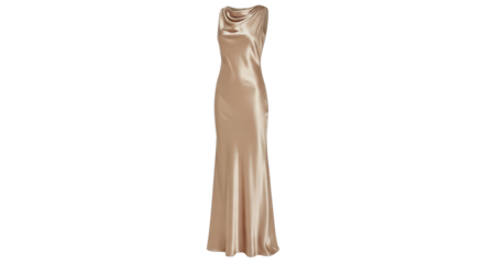 Elegant full length golden evening gown isolated PNG with Transparent Background