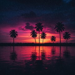 Obraz premium Tropical Sunset Silhouette: A breathtaking sunset paints the sky with vibrant hues as palm trees stand in silhouette against the water, a moment of tropical serenity.