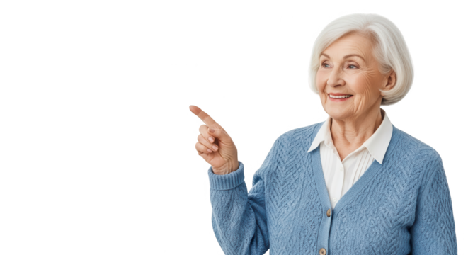 Elderly woman pointing to the left with her index finger, isolated on transparent background
