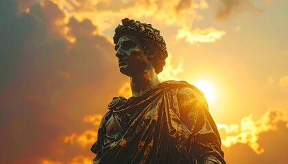 Fototapeta premium Statue with Metallic Texture against Dramatic Sunset Sky with Golden Light