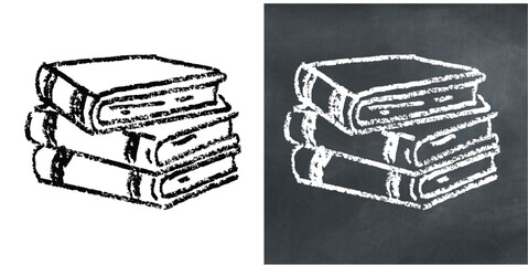 Chalk hand-drawn pile of book vector. Perfect for education, learning, and academic themes. It evokes a raw, sketchy feel with a textured aesthetic, great for creative and artistic designs.