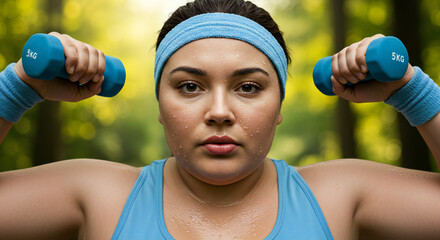Glowing Resolve – Close-Up of Fat Woman's Face Beaded with Sweat, Jogging in Forest