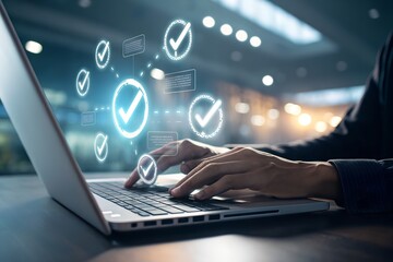 Automated document approval and quality control concept, a professional verifies and manages digital paperwork on a laptop using a smart system before final task delivery. DMS concept.