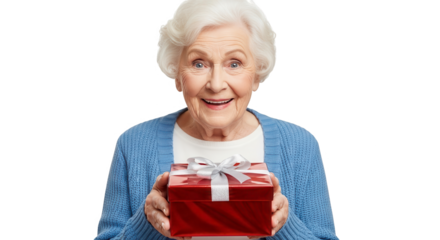 Elderly woman holding a red gift box with a white ribbon, isolated on transparent background