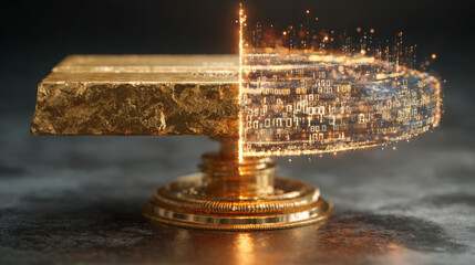 Global currency reset concept with gold bar digital token binary code glowing spark luxury metal finance vision future trade wealth trend
