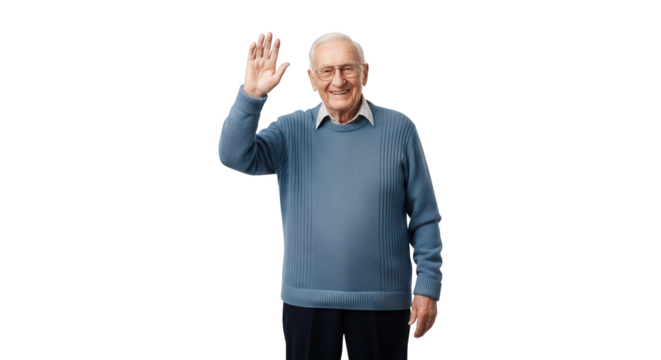 Elderly man waving hello isolated on transparent background