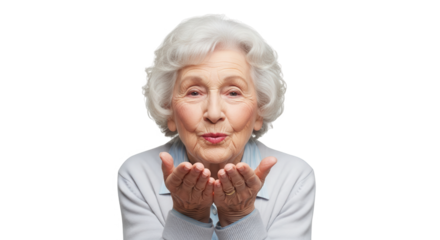 Elderly woman blowing a kiss isolated on transparent background