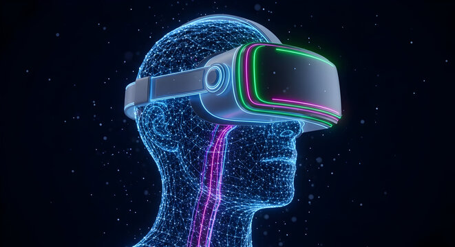Digital human head wearing vr headset with glowing lines representing virtual reality technology and futuristic connectivity in a dark abstract space on transparent background - Powered by Adobe