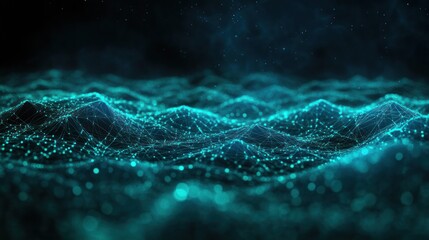 Glowing blue digital network waves forming a futuristic abstract landscape with connected points and lines on a dark background