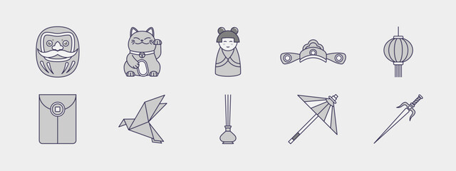 Simple set of 10 Asian culture icons. A collection of Asian culture symbols icon set. Flat illustration concept.