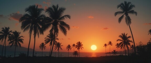 Obraz premium Nostalgic Coastal Art Sunset with Palm Trees in a Classic Retro Style with Film Grain
